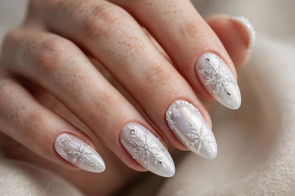Icy White Almond nail design