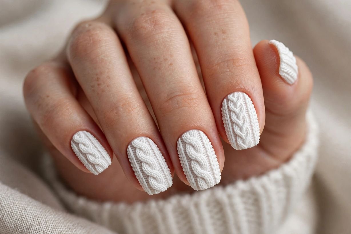 White Sweater Knit nail design