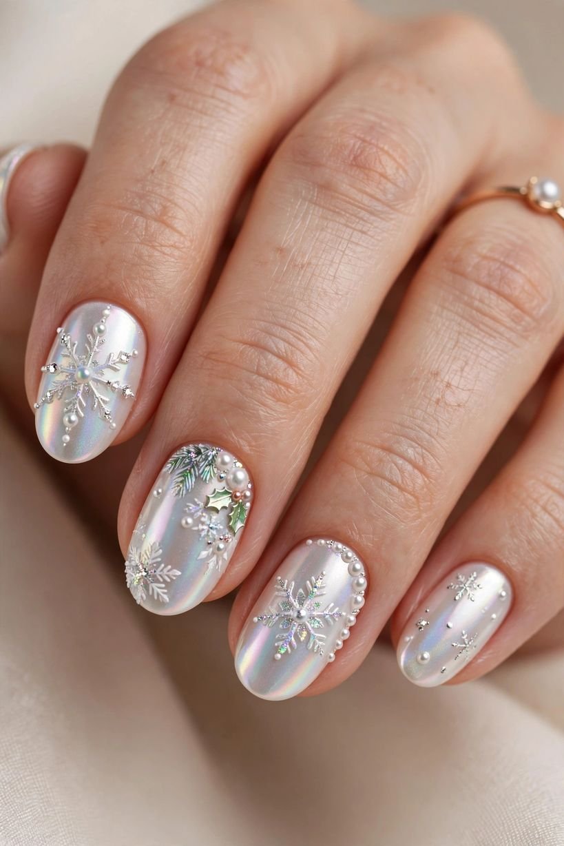 Pearl White Chrome nail design