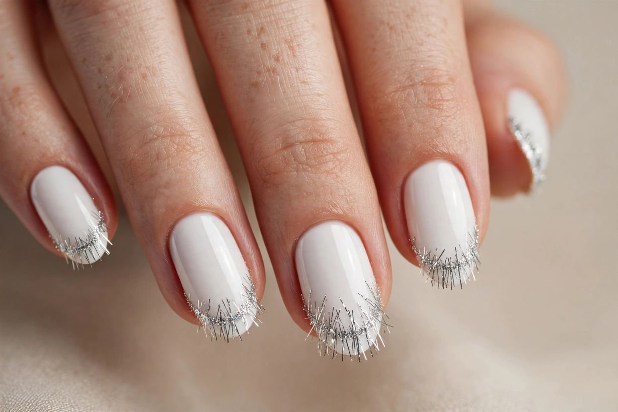 White Tinsel Tips nail design