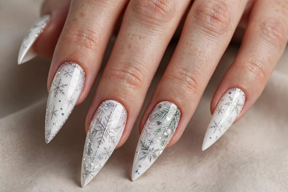 Arctic White Stiletto nail design