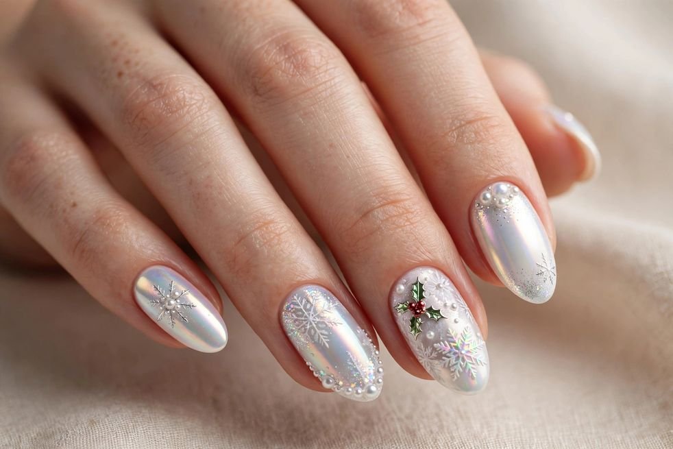 Pearl White Chrome nail design