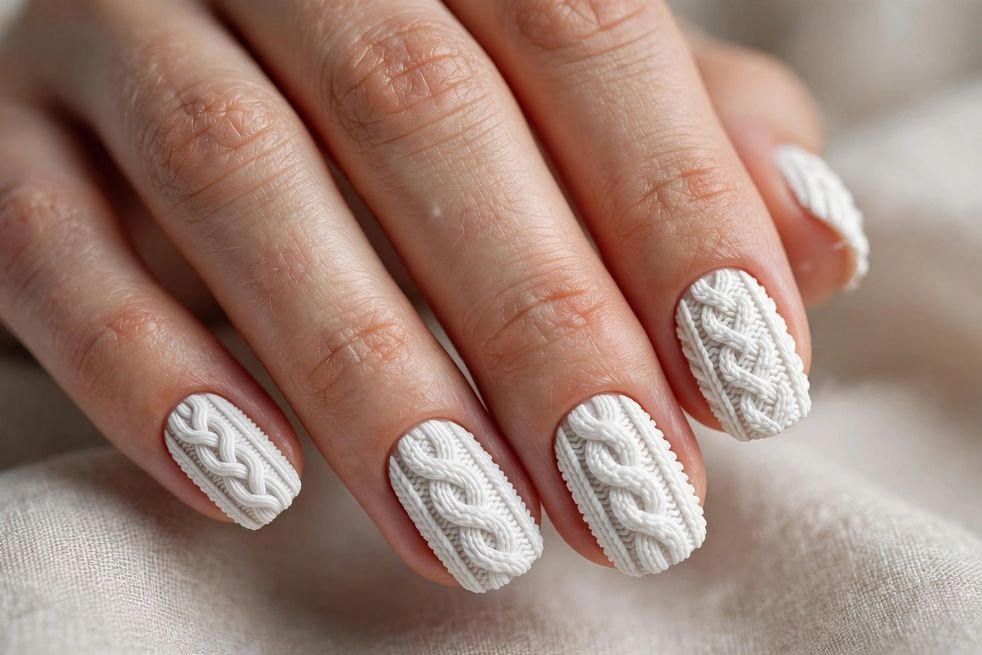White Sweater Knit nail design