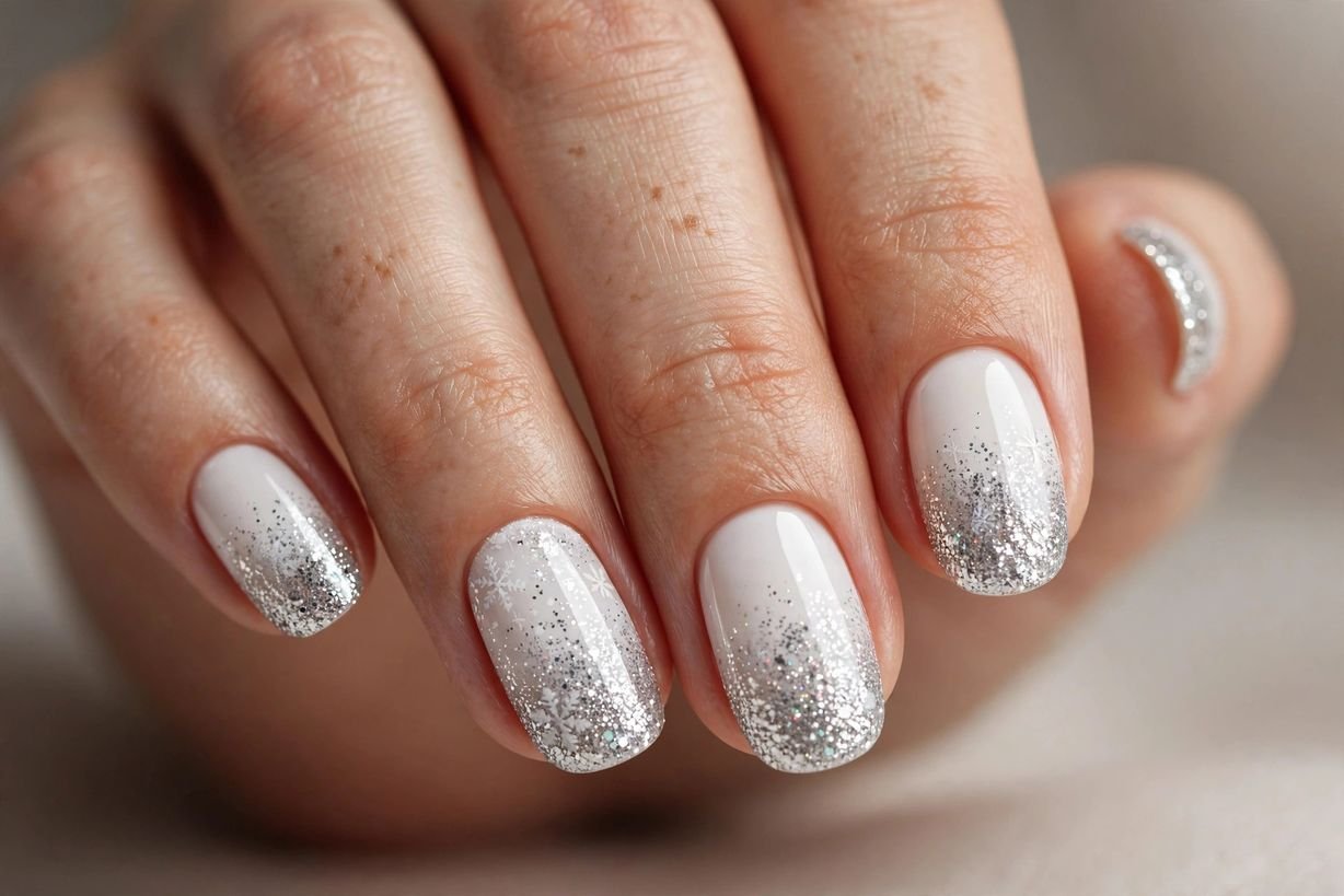 White and Silver Glitter nail design