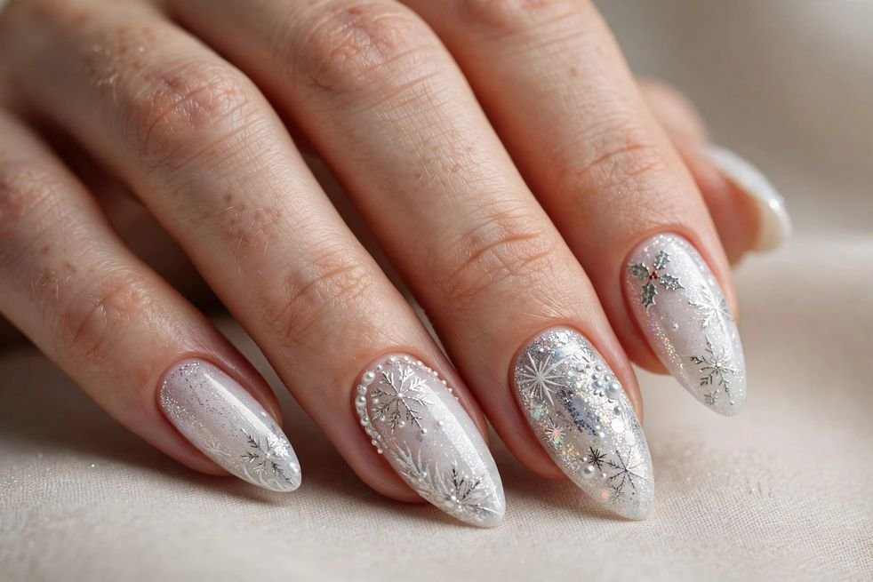 Icy White Almond nail design