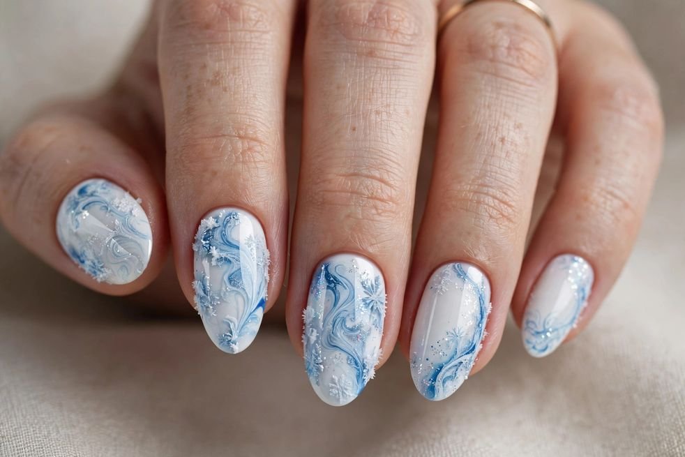 White and Blue Ice nail design