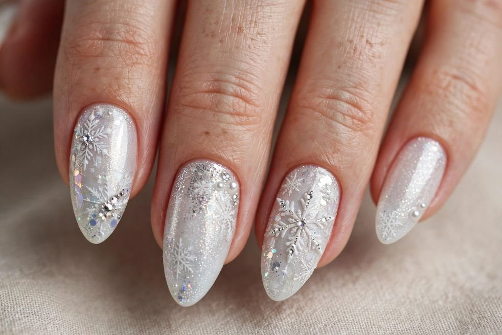 Icy White Almond nail design