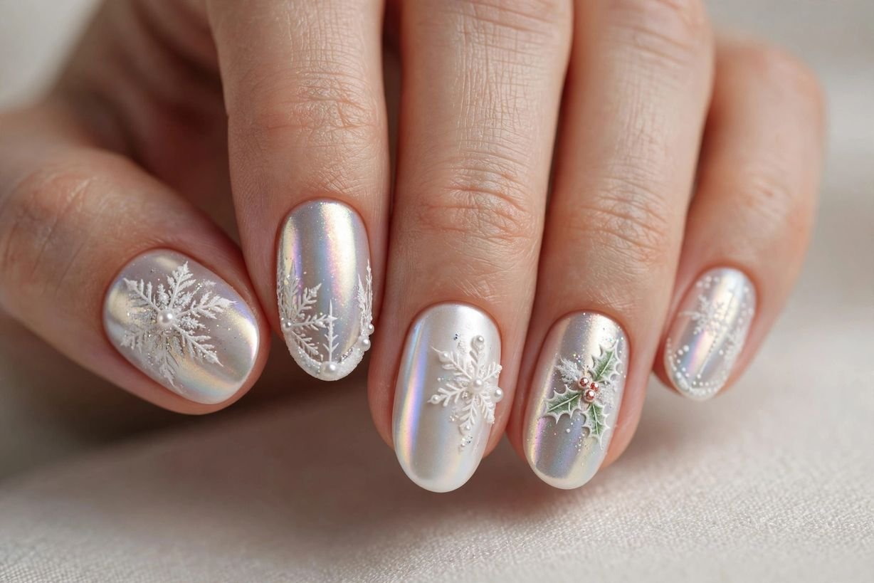 Pearl White Chrome nail design