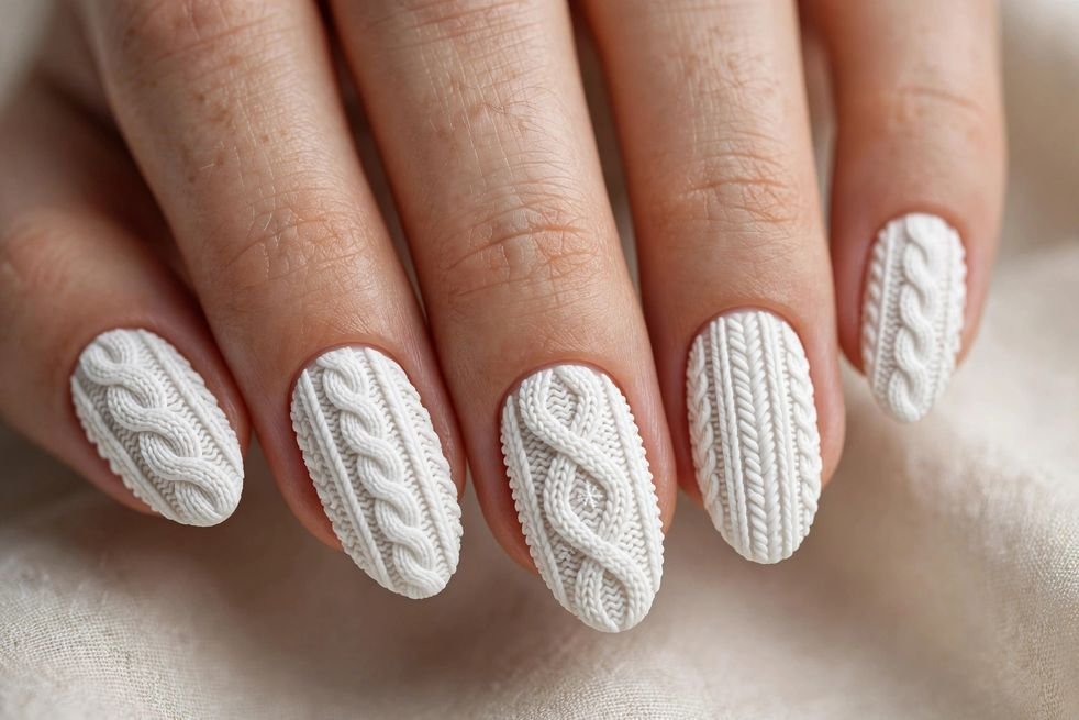 White Sweater Knit nail design