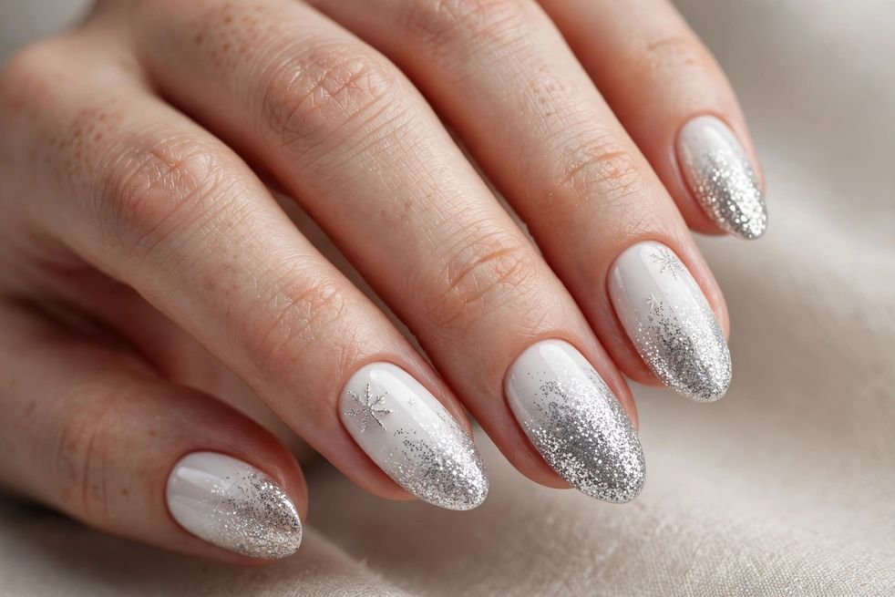 White and Silver Glitter nail design