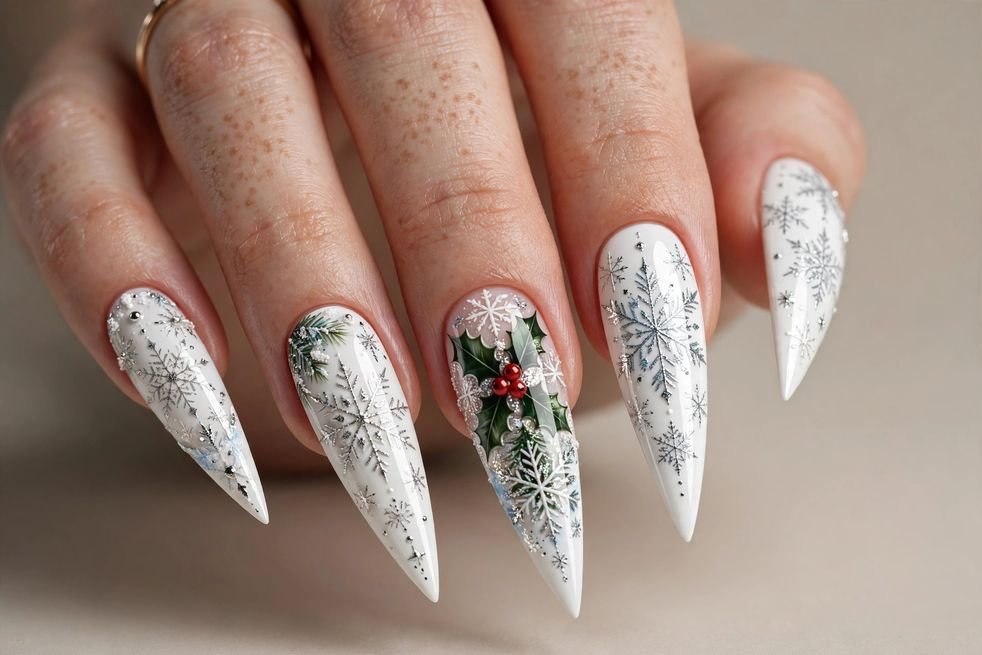 Arctic White Stiletto nail design