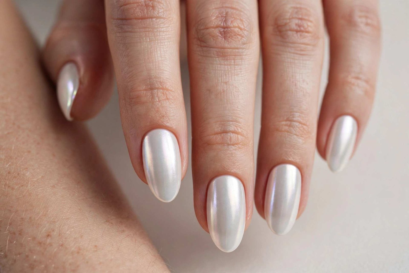 Pearl White Chrome nail design