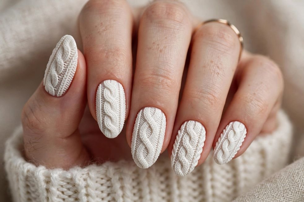 White Sweater Knit nail design