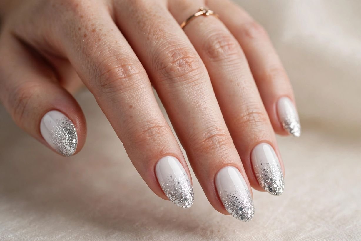 White and Silver Glitter nail design