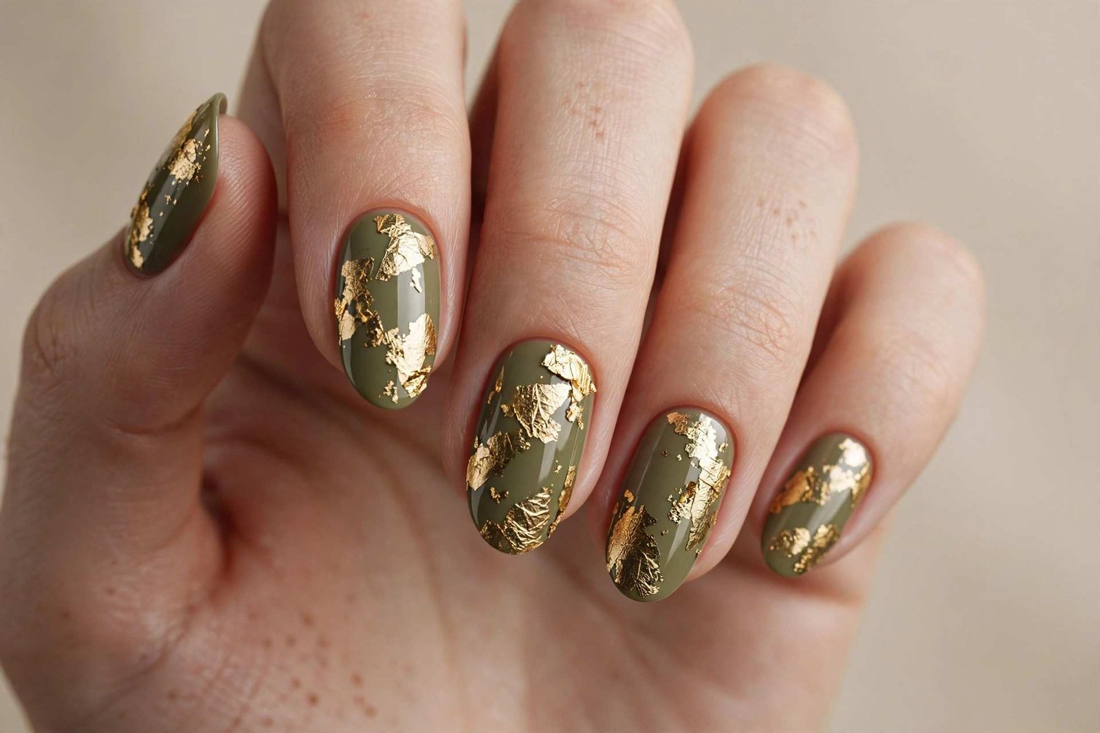Olive Green with Gold Foil nail design