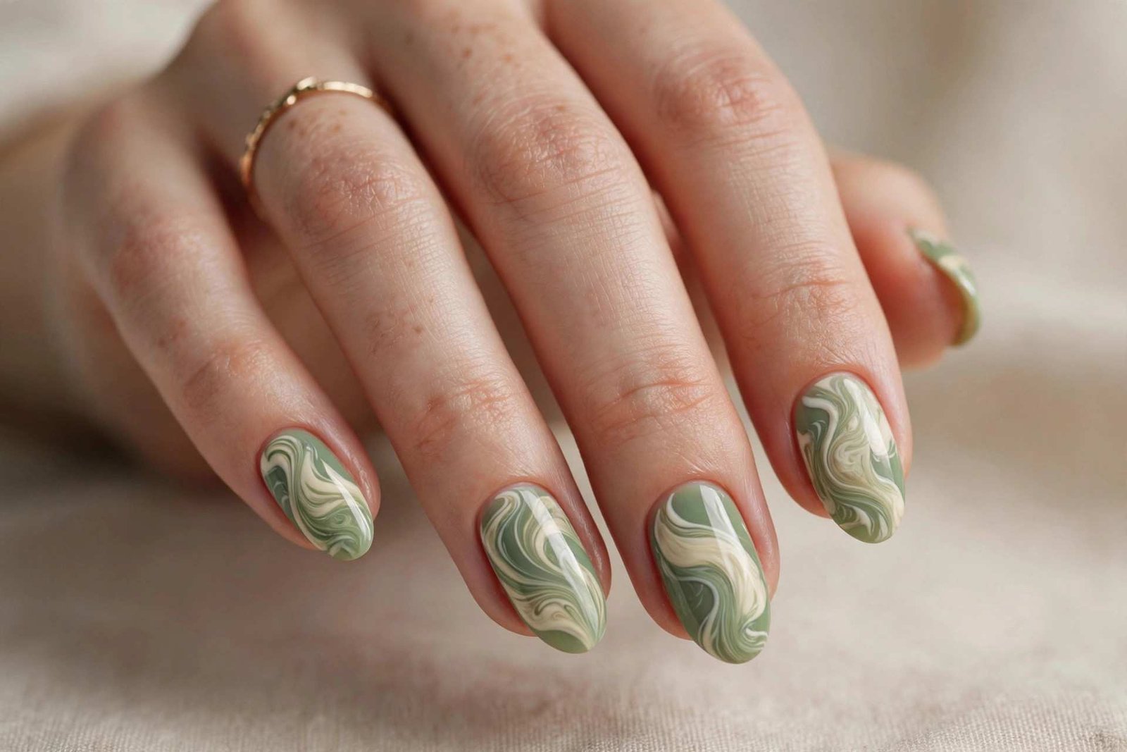 Green and Cream Swirl nail design