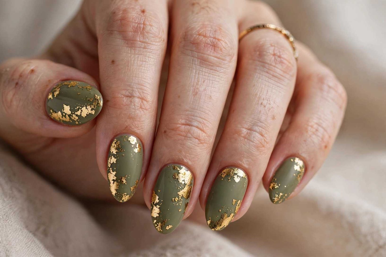 Olive Green with Gold Foil nail design