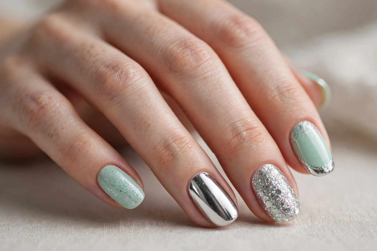 Mint and Silver Combo nail design
