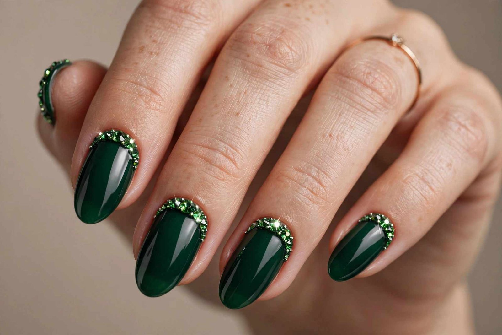Green Rhinestone Cuticle nail design