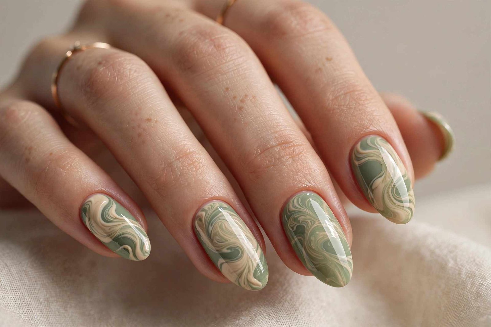 Green and Cream Swirl nail design