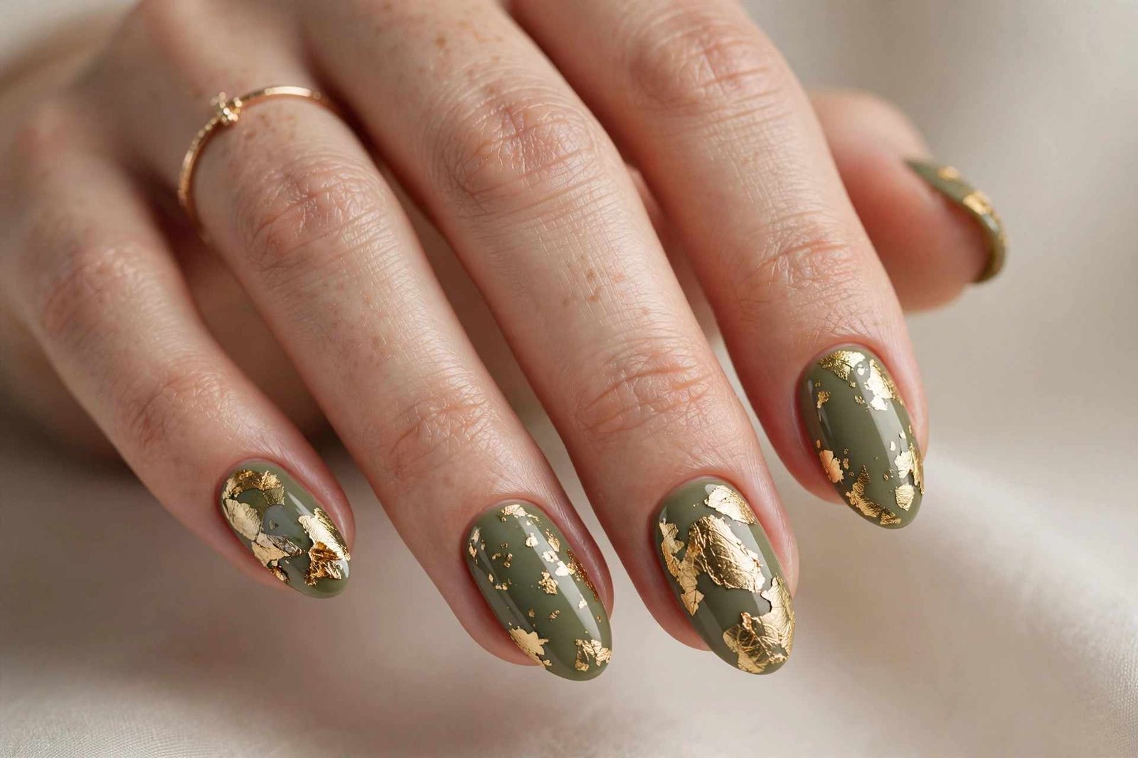 Olive Green with Gold Foil nail design
