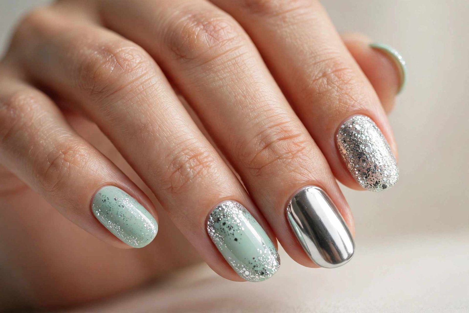 Mint and Silver Combo nail design