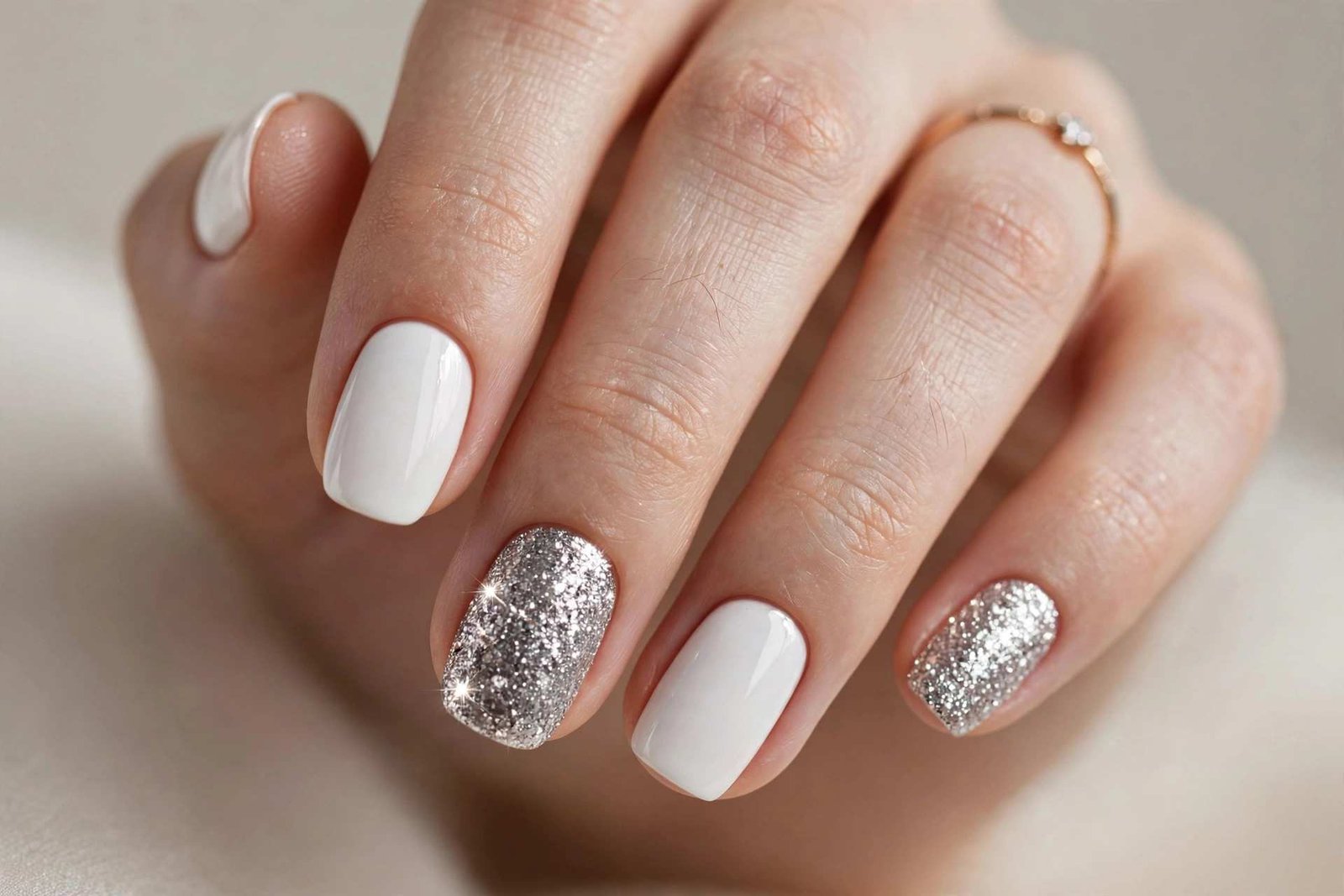 White and Silver Glitter nail design