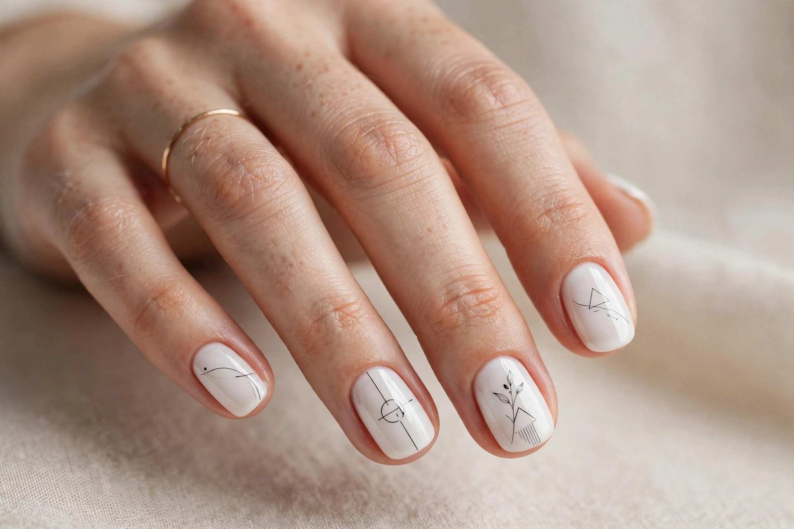 White Minimal Line Art nail design