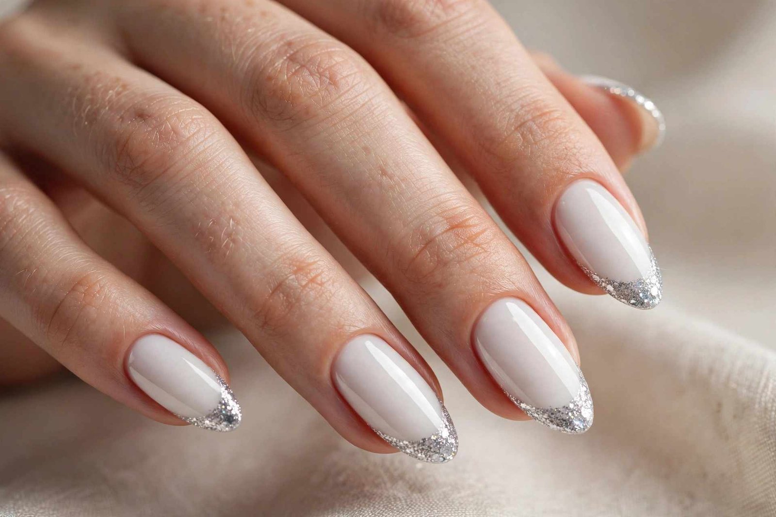 White Tinsel Tips nail design