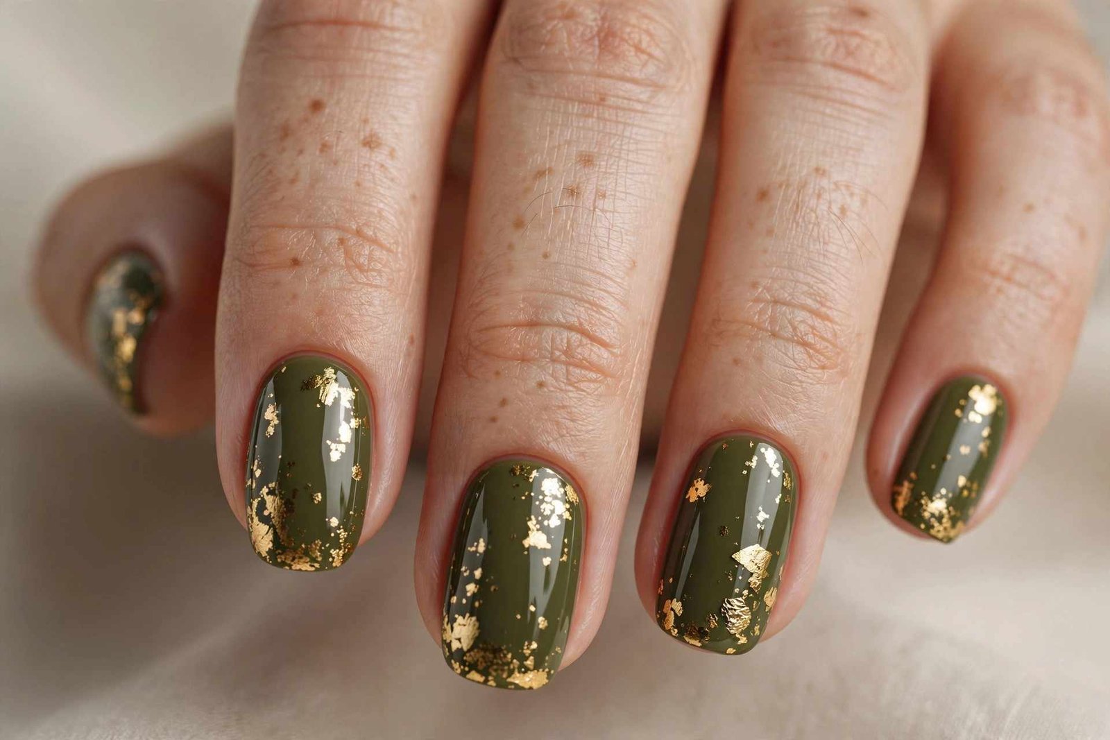 Olive Green with Gold Foil nail design