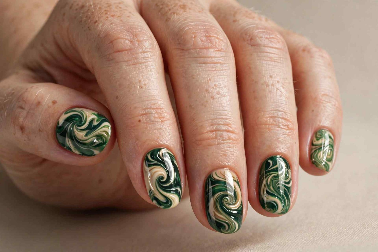 Green and Cream Swirl nail design