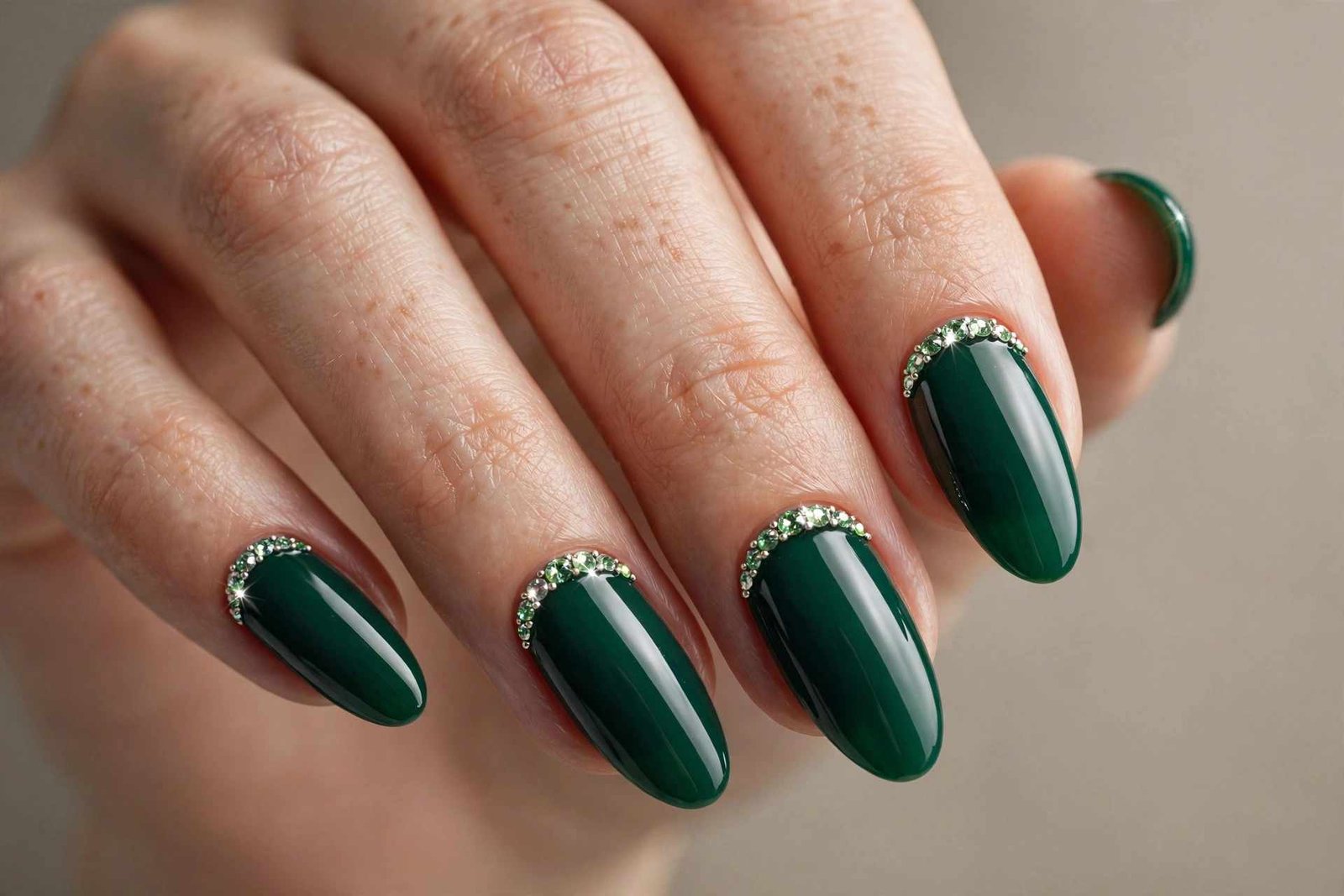 Green Rhinestone Cuticle nail design