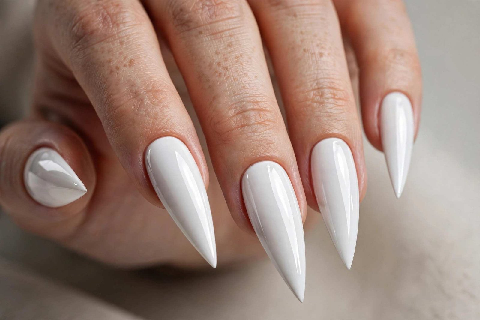 Arctic White Stiletto nail design