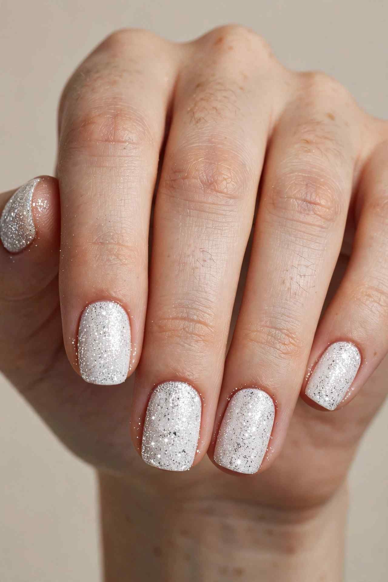 White and Silver Glitter nail design