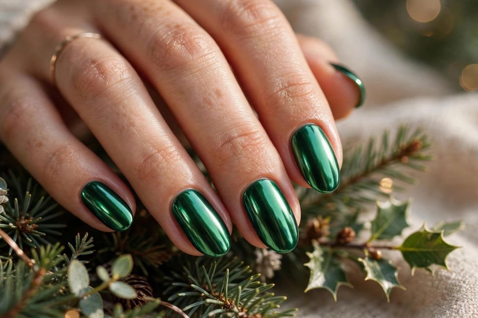 Emerald Chrome Statement nail design