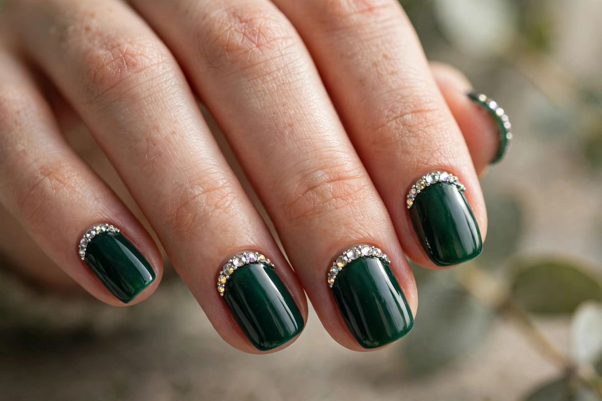 Green Rhinestone Cuticle nail design