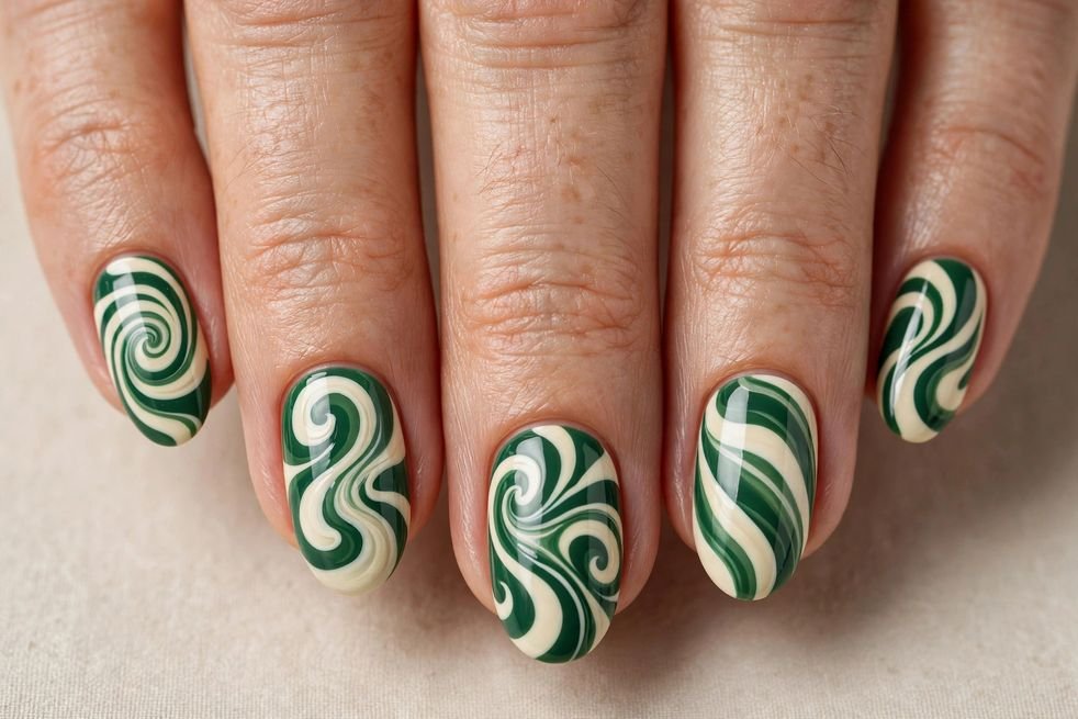 Green and Cream Swirl nail design