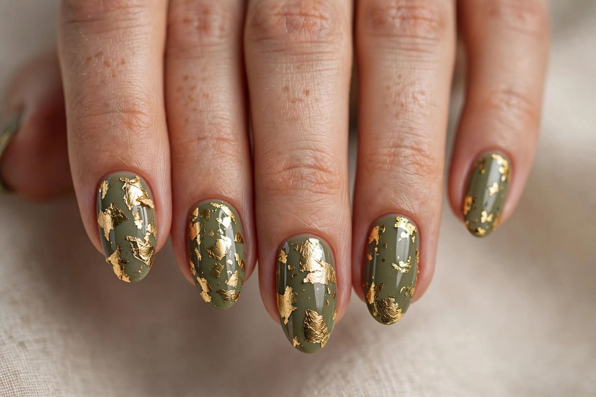 Olive Green with Gold Foil nail design