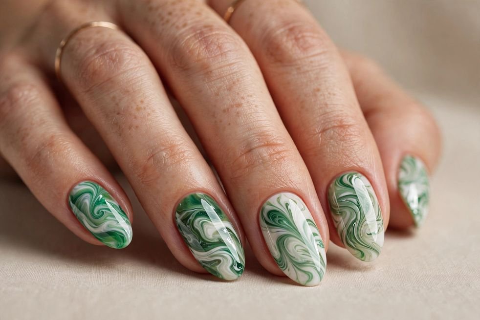 Green Marble Effect nail design