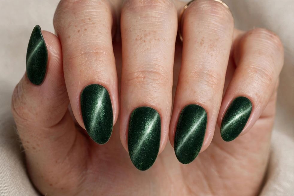 Green Velvet Cat-Eye nail design