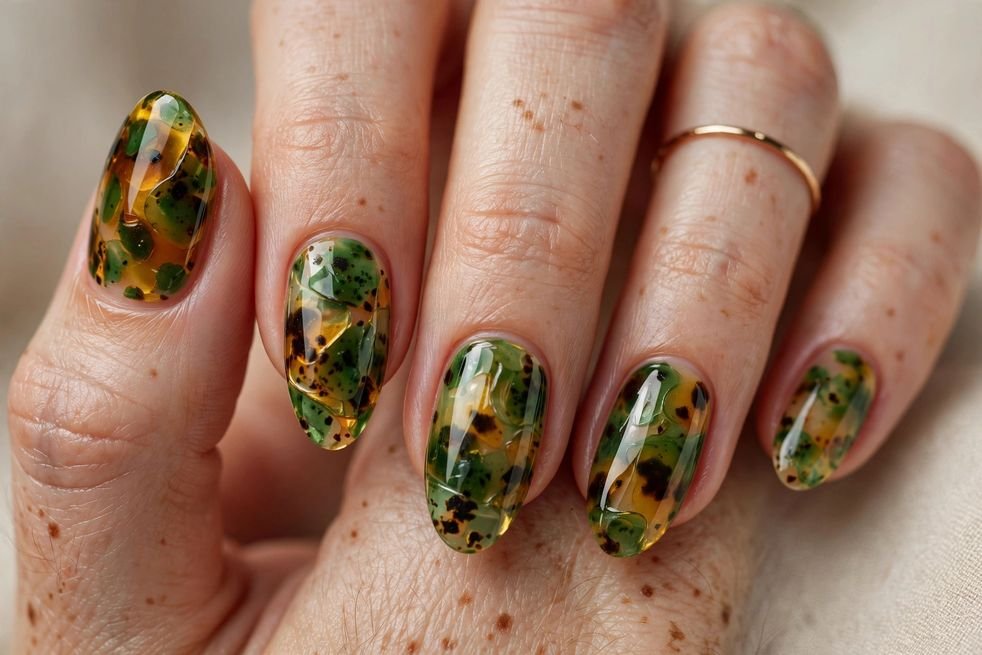 Green Tortoise Print nail design