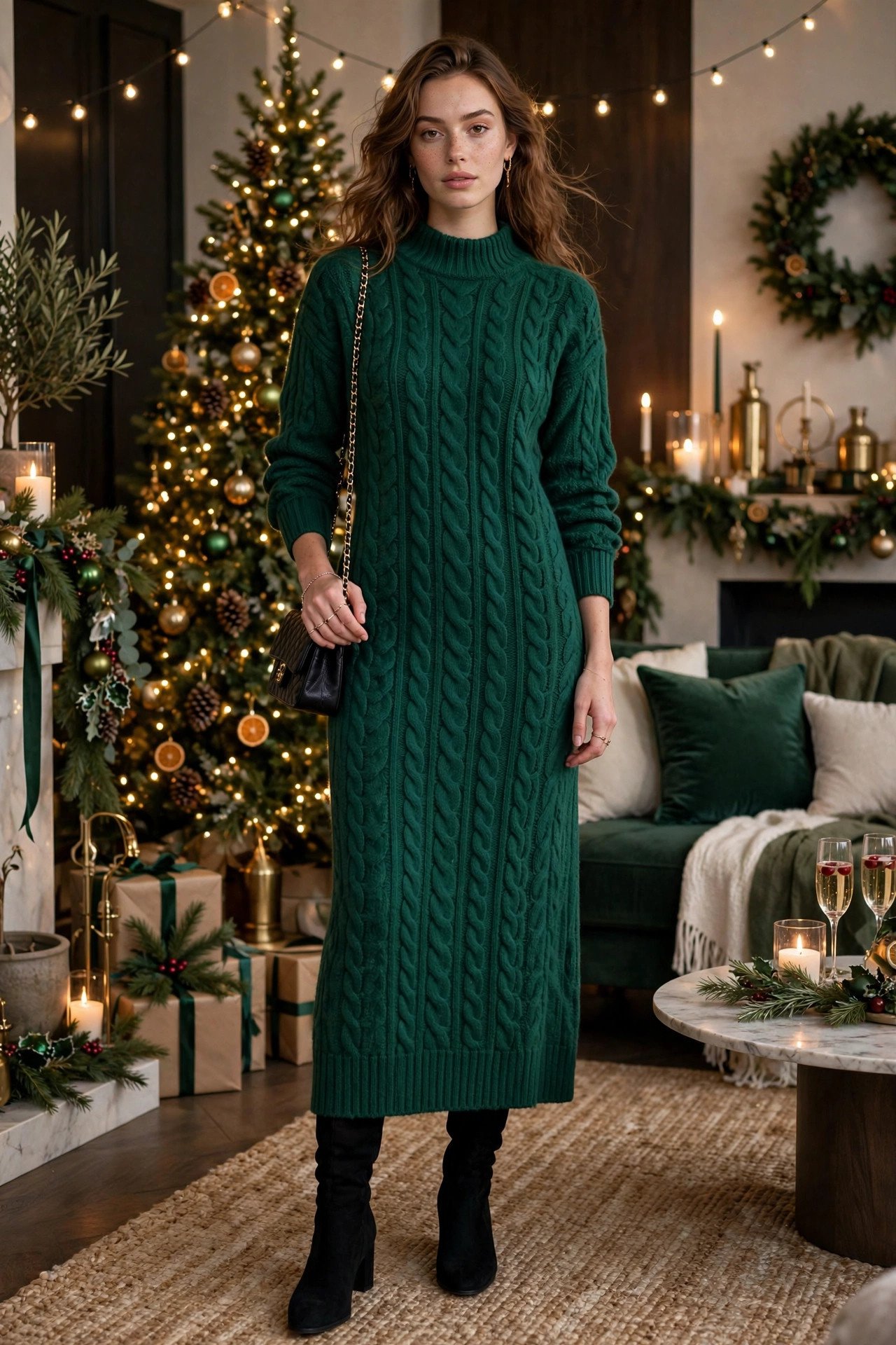 Woman in chunky knit sweater dress