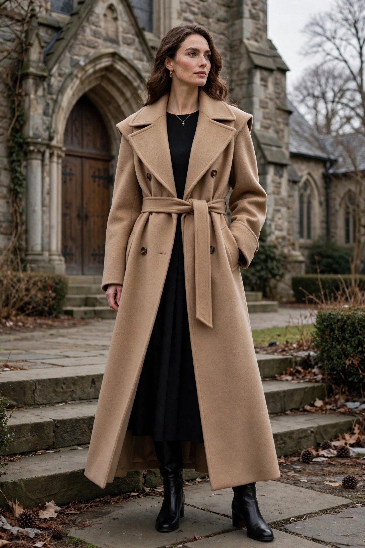 Dramatic winter coat over simple dress